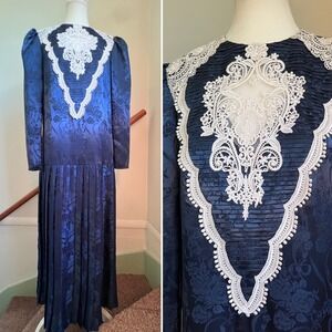 Vintage 80s Victorian Gothic Navy Blue Damask Maxi Dress Lace Bib Drop Waist